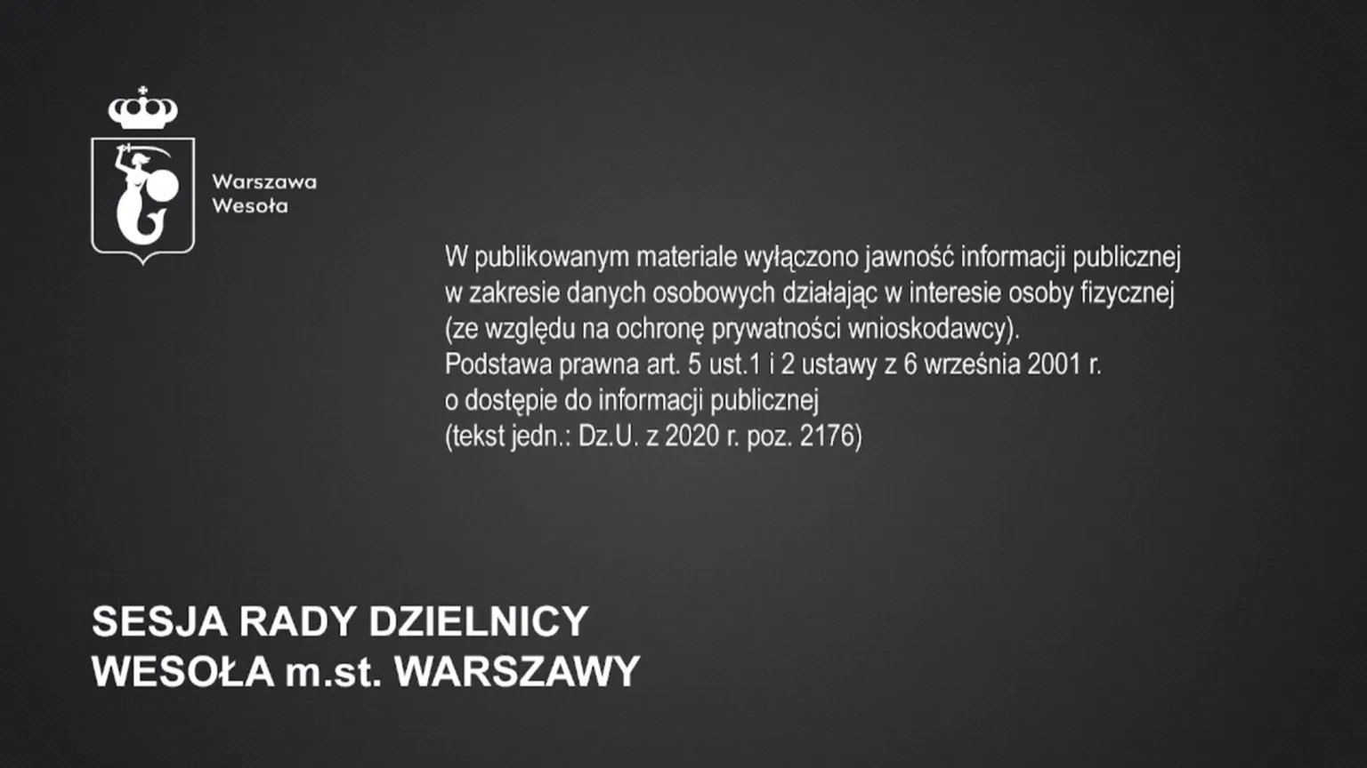 Tabliczka wyświetlana w transmisji sesji Rady Dzielnicy Wesoła 16 września 2026 w czasie prezentacji PGE