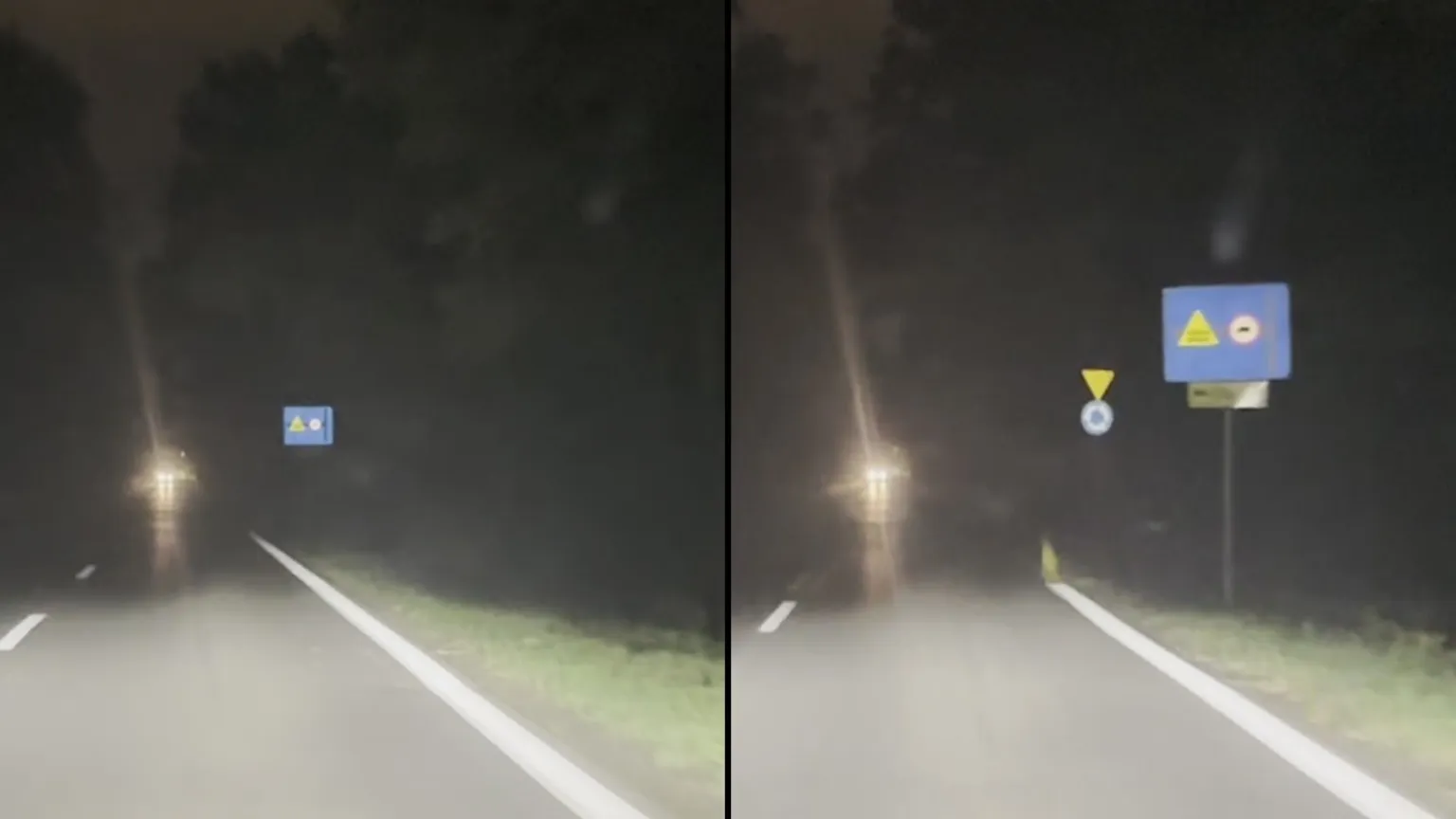 Od Sulejówka znak ronda na wlocie chowa się za niebieską tablicą (z lewej) i wyłania zza niej dwie i pół sekundy później (z prawej). Powiększone kadry z nagrania, noc z 23 na 24 października 2026 roku