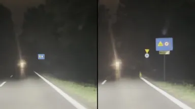 Od Sulejówka znak ronda na wlocie chowa się za niebieską tablicą (z lewej) i wyłania zza niej dwie i pół sekundy później (z prawej). Powiększone kadry z nagrania, noc z 23 na 24 października 2026 roku