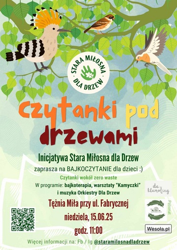 Plakat Bajkoczytanie i rodzinne czytanki pod drzewami – kreatywna niedziela z naturą