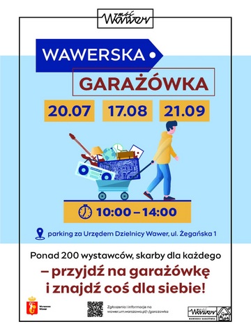 Plakat Wawerska Garażówka – wyprzedaż rzeczy używanych i rodzinne atrakcje
