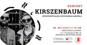Plakat Koncert postfolkowego duetu Kirszenbaum w Bibliotece Publicznej w Wesołej