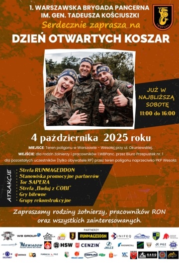 Plakat Runmageddon i Dzień Otwartych Koszar 1. Warszawskiej Brygady Pancernej w Wesołej