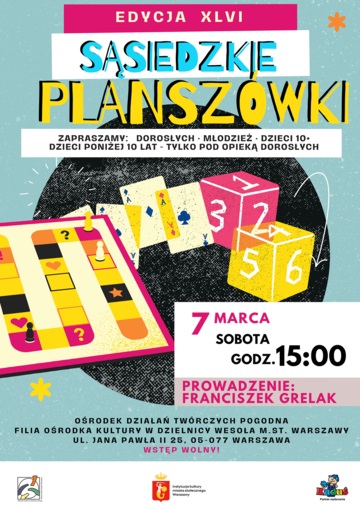Plakat Sąsiedzkie Planszówki – spotkania z grami planszowymi dla dzieci, młodzieży i dorosłych