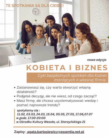 Plakat Kobieta i biznes – cykl spotkań dla kobiet o własnej firmie i prowadzeniu działalności