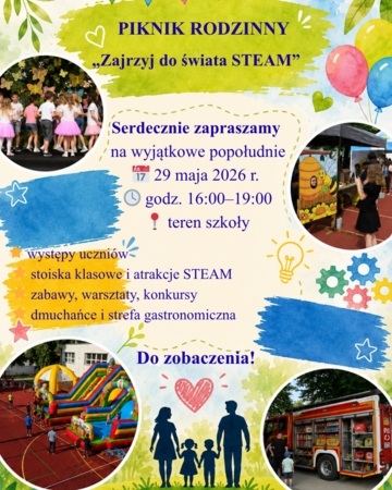 Plakat Piknik rodzinny i zbiórka na pracownię STEAM w Szkole Podstawowej nr 171