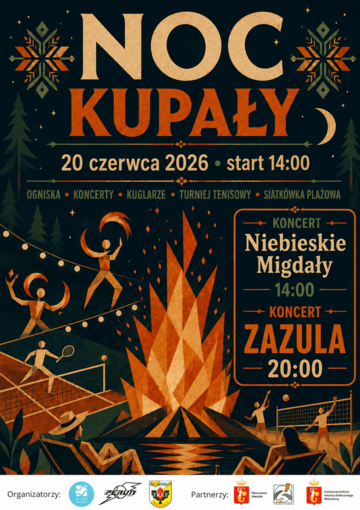 Plakat Noc Kupały – tradycyjne święto lata z koncertami i atrakcjami na Plaży Wesoła