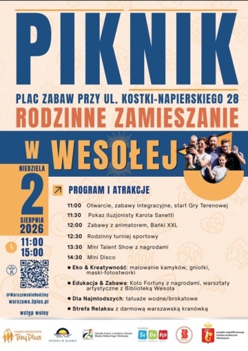 Plakat Rodzinny piknik z iluzjonistą, grą terenową i warsztatami kreatywnymi