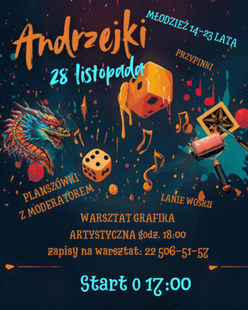 Plakat Andrzejkowy wieczór dla młodzieży z warsztatami, planszówkami i laniem wosku