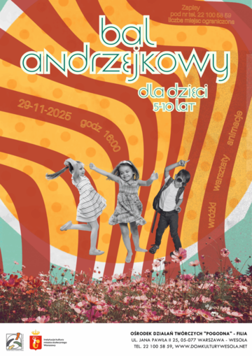 Plakat Bal Andrzejkowy dla dzieci z animacjami, tańcami i warsztatami DIY