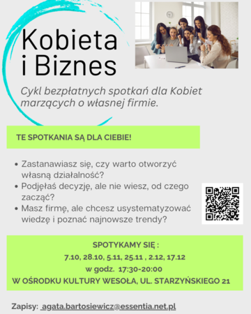 Plakat Cykl spotkań edukacyjnych „Kobieta i Biznes” – praktyka, wsparcie, rozwój
