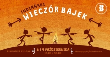 Plakat Indiański Wieczór Bajek dla dzieci i rodzin w Bibliotece w Zielonej