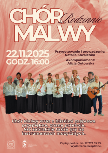 Plakat Koncert Chóru Malwy Rodzinnie – występ seniorek z rodzinami i muzyką na żywo