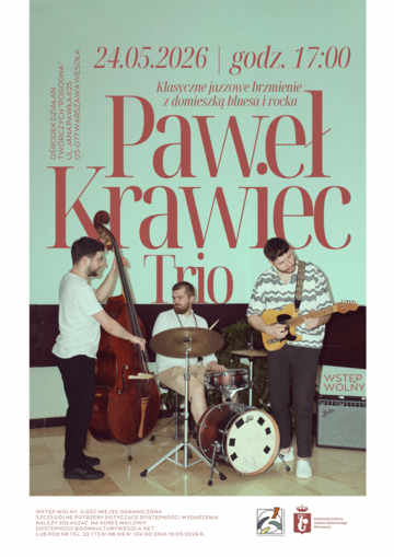 Plakat Koncert kameralny Pawła Krawca Trio: jazzowe improwizacje i nowoczesne brzmienie