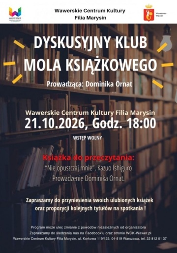 Plakat Klub Mola Książkowego w Marysinie omówi „Nie opuszczaj mnie” Kazuo Ishiguro