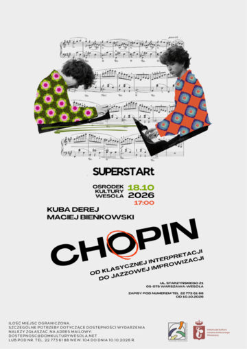 Plakat Chopin klasycznie i jazzowo. Kuba Derej i Maciej Bieńkowski zagrają w Wesołej