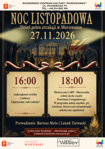 Plakat Andrzejki, gra terenowa i ognisko. Noc Listopadowa w Murowance