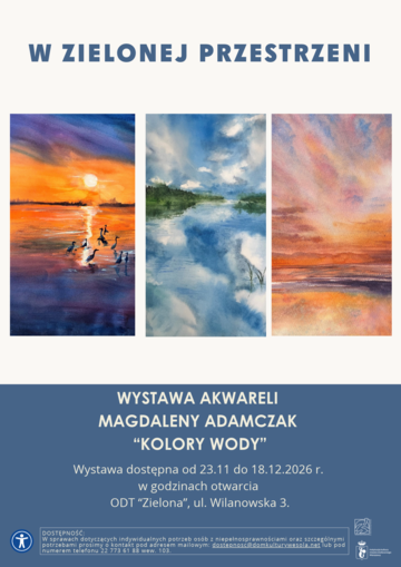 Plakat Akwarele Magdaleny Adamczak w „Zielonej”. Wystawa „Kolory wody” od 23 listopada