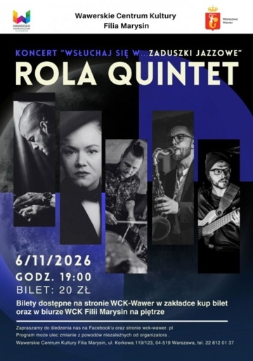 Plakat Zaduszki Jazzowe w Marysinie. Zagra Rola Quintet z Naną Hoffmann