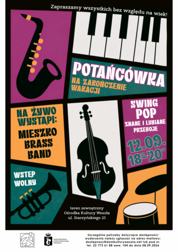Plakat Potańcówka na zakończenie lata z muzyką na żywo i zespołem Mieszko Brass Band
