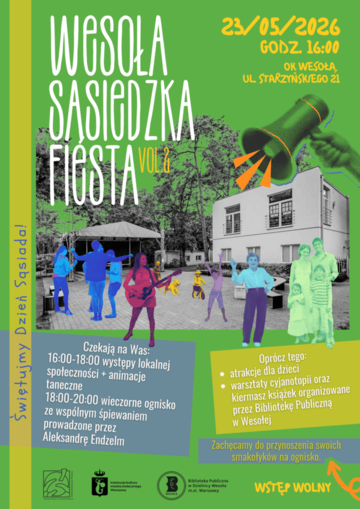 Plakat Sąsiedzka Fiesta 2 – muzyka, taniec i ognisko oraz atrakcje z Biblioteką Publiczną
