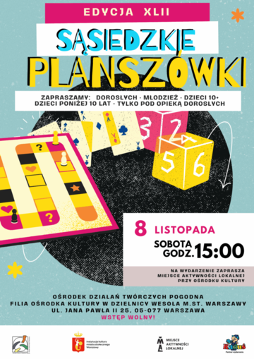 Plakat Sąsiedzkie Planszówki – edycja XLII w Ośrodku Kultury Wesoła