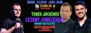 Plakat Stand-up na Plaży Wesoła: występy Cezarego Jurkiewicza, Tomka Jachimka i Romana Kosteleckiego