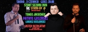 Plakat Stand-up na Plaży Wesoła z Tomkiem Jachimkiem, Patrykiem Gosińskim i Łukaszem Kozłowskim