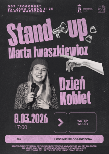 Plakat Stand-up z okazji Dnia Kobiet: występ Marty Iwaszkiewicz w Wesołej