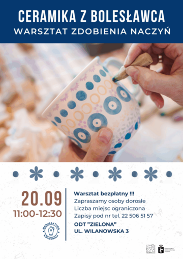 Plakat Warsztat zdobienia ceramiki bolesławieckiej prowadzony przez instruktora Manufaktury