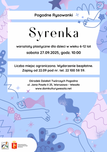 Plakat Warsztaty plastyczne dla dzieci: Syrenka z cyklu Pogodne Rysowanki