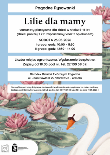 Plakat Warsztaty plastyczne „Lilie dla mamy” z cyklu Pogodne Rysowanki dla dzieci 5–11 lat