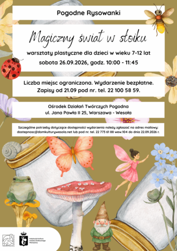 Plakat Warsztaty plastyczne „Magiczny świat w słoiku” dla dzieci w wieku 7–12 lat