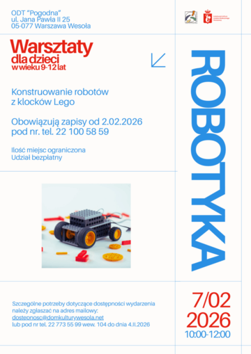 Plakat Warsztaty z robotyki LEGO dla dzieci w wieku 9–12 lat