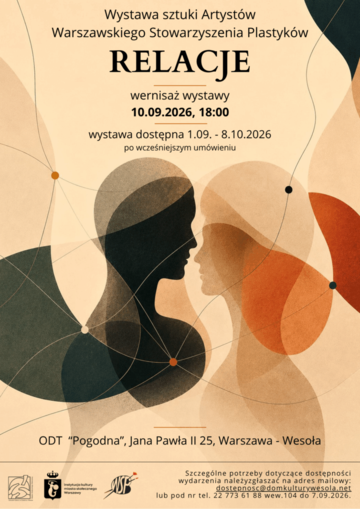 Plakat Wernisaż wystawy „Relacje” – spotkanie z Artystami Warszawskiego Stowarzyszenia Plastyków