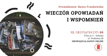 Plakat Wieczór opowieści i wspomnień dla dorosłych z Beatą Frankowską w bibliotece