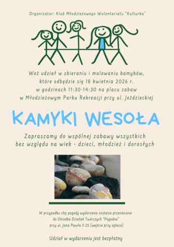 Plakat Zabawa w poszukiwanie i malowanie kamyków dla dzieci i rodzin w Wesołej