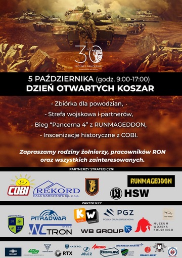 Plakat Dzień Otwartych Koszar 1. Warszawskiej Brygady Pancernej – "Pancerna Rodzina - Zawsze na Służbie!"