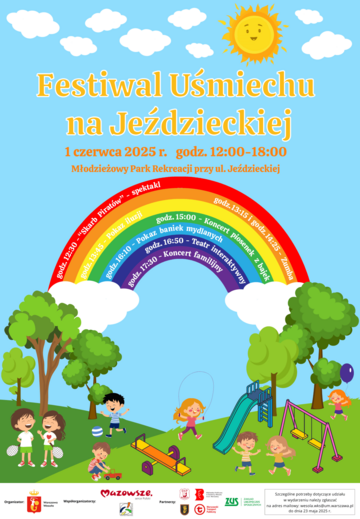 Plakat Festiwal Uśmiechu na Jeździeckiej: gry, warsztaty i występy dla rodzin z dziećmi