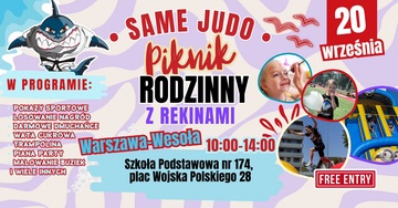 Plakat Piknik Rodzinny z Rekinami – sportowe atrakcje i zabawa z Klubem SameJudo