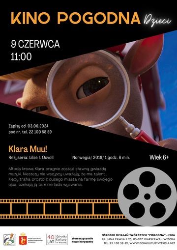 Plakat Kino Pogodna zaprasza na projekcję filmu animowanego 'Klara Muu'