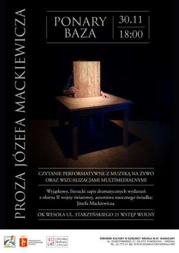 Plakat Performatywne czytanie "Ponary – baza" Józefa Mackiewicza z muzyką na żywo