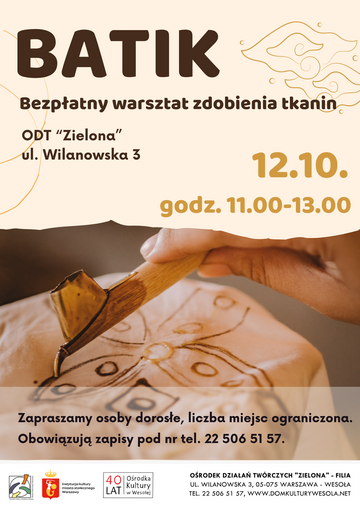 Plakat Poznaj sztukę Batiku na warsztatach w ODT Zielona