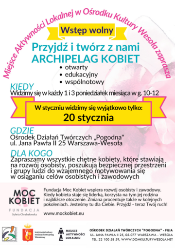 Plakat Rozwojowe spotkania dla kobiet w Wesołej: Archipelag Kobiet