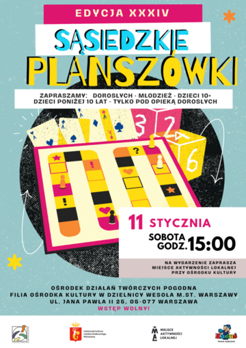 Plakat Sąsiedzkie Planszówki – Edycja XXXIV: Integracyjne popołudnie z grami