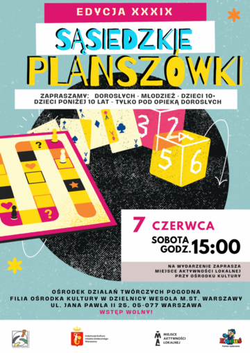 Plakat Sąsiedzkie Planszówki – kolejne spotkanie z grami planszowymi dla mieszkańców Wesołej