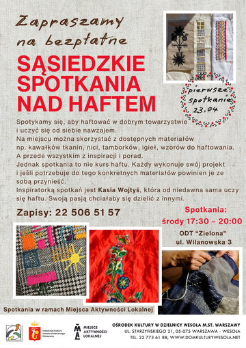 Plakat Sąsiedzkie spotkania nad haftem w Ośrodku Działań Twórczych "Zielona"