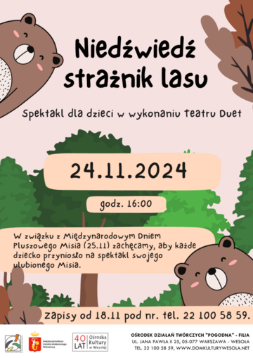 Plakat Spektakl dla dzieci: Niedźwiedź strażnik lasu w Teatrze Duet