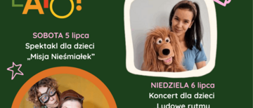 Plakat Spektakl interaktywny „Misja Nieśmiałek” oraz koncert „Ludowe rytmy dla małych odkrywców” dla dzieci
