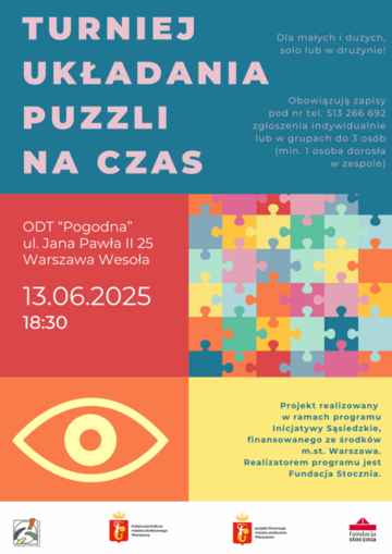 Plakat Turniej układania puzzli na czas – zabawa i integracja dla wszystkich pokoleń